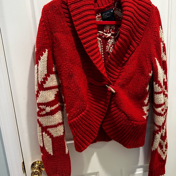 Vintage American Eagle Outfitters Red and Cream Cardigan - Picture 1 of 5